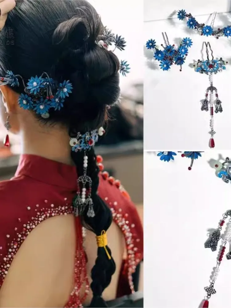 

Chinese-style morning robe hairpin for brides imitation cloisonne Hanfu headwear classical youthful dress accessories