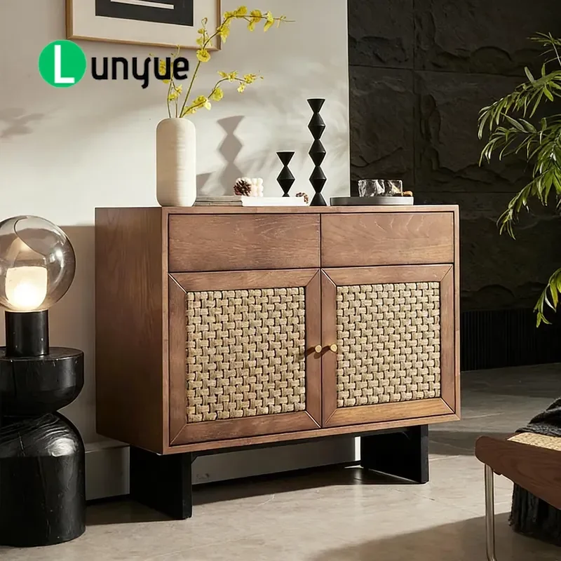 Nordic Solid Wood Rattan Dining Side Cabinet Modern Living Room Storage Locker Minimalist Furniture For Home Decor