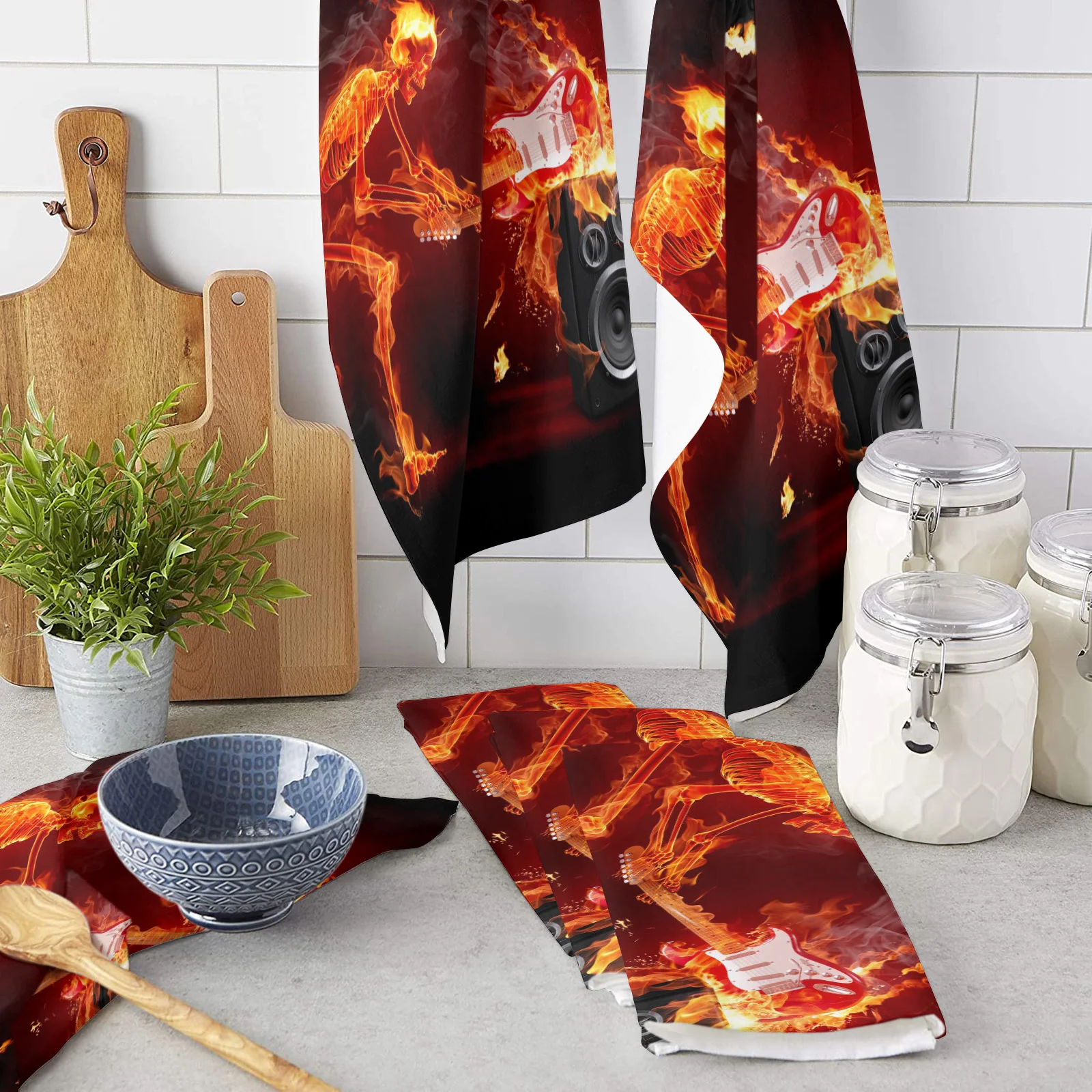 Flame Guitar Skull Microfiber Kitchen Hand Towel Dish Cloth Tableware Household Cleaning Towel Utensils for Kitchen