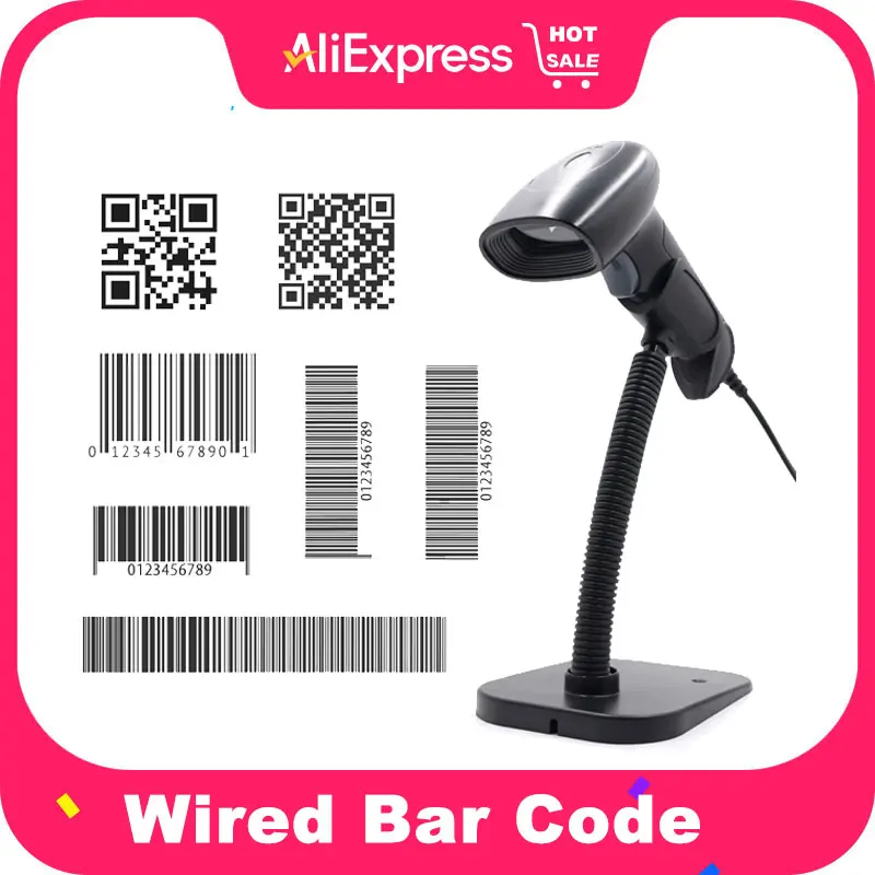 1D 2D QR Handheld Wired Bar Code Reader USB Barcode Scanner with Stand Support Screen Code Compatible with Windows XP/7/8/10