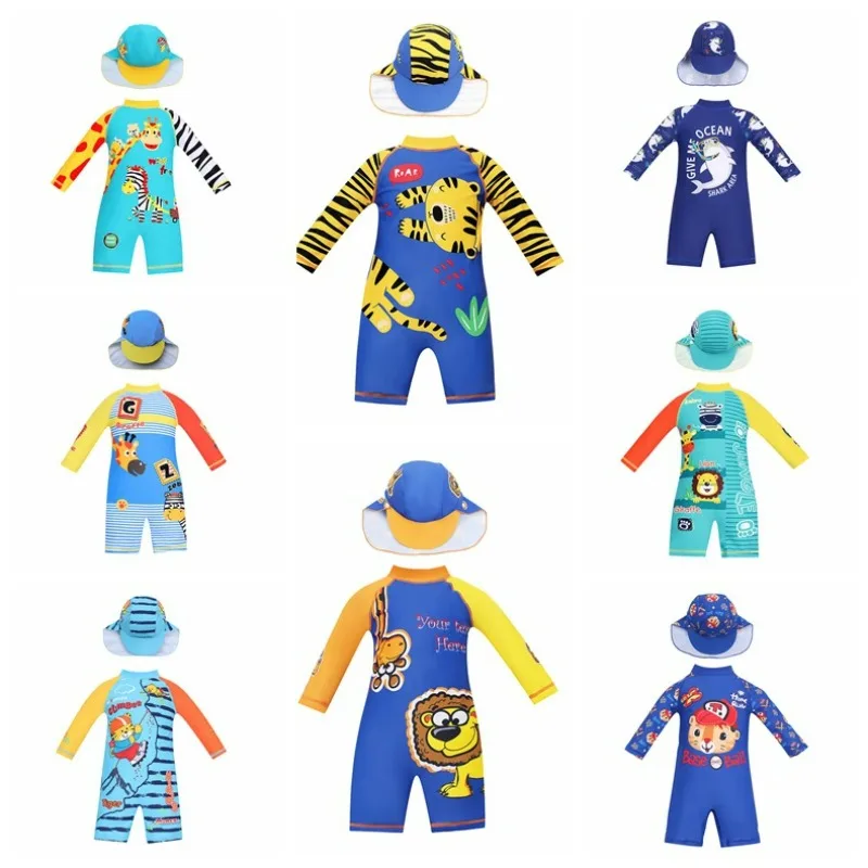 

Летний купальник для мальчиков 2026: Новинка! Милый мультяшный купальный костюм с шапочкой для малышей, для пляжа и купания