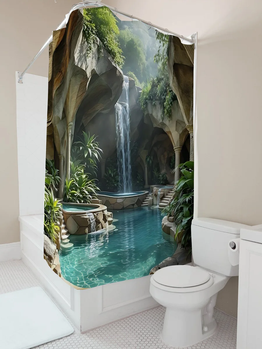Exquisite Tropical Oasis Shower Curtain with Cascading Waterfall and Lush Greenery for Bathroom Decor Transform Space Easy-Clean