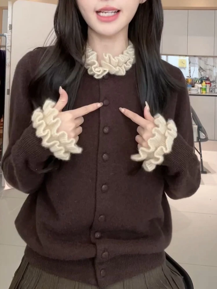 Korea Chic Sweet Fungus Long Sleeve Cardigan Knit New Moda All-match Short Slim Jumper Simple Office Lady Casual Knitwear