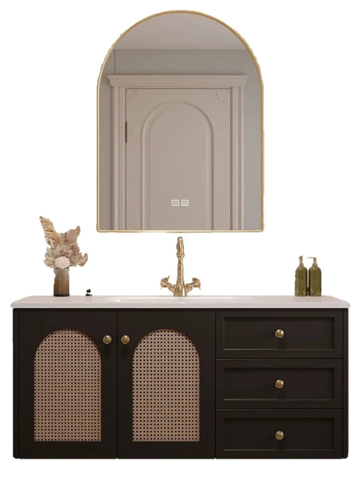 

New French Retro Rattan Oak Bathroom Cabinet Combination Ceramic Whole Washbin Washstand Washbasin Cabinet