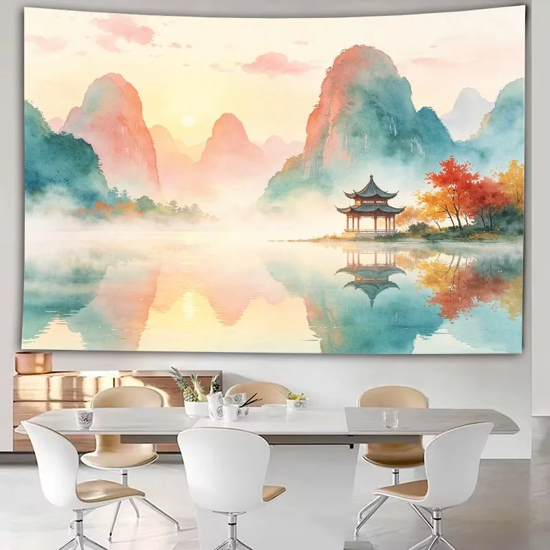 VIKAMA Zen-inspired Watercolour Landscape Tapestry, New Chinese-style Tea Room and Bedroom Home Decor Hanging Tapestry