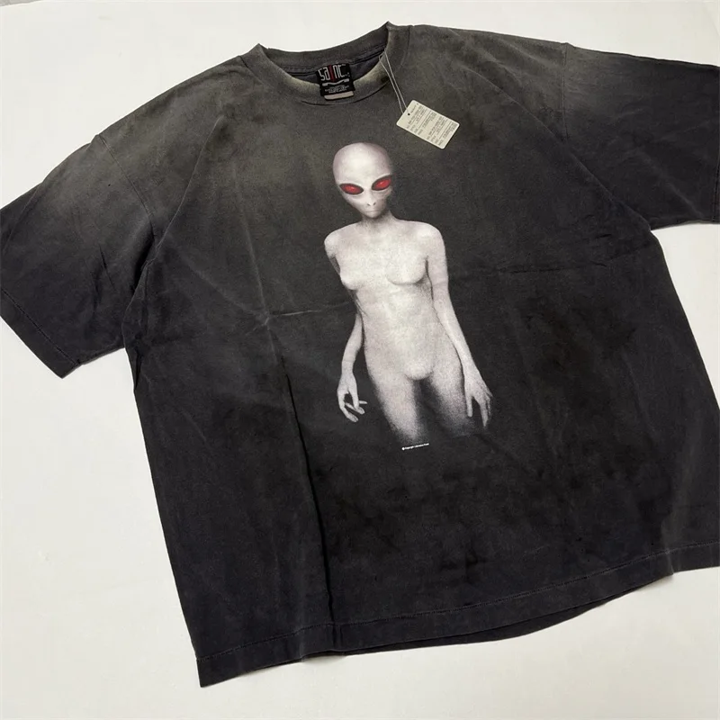 SAINT Mxxxxxx Alien Print T-shirts Men Women 1:1 Best Quality Black Washed Vintage Short Sleeves