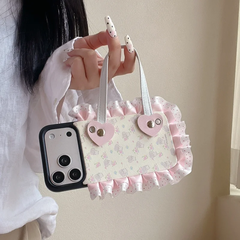 

Korean Lace Flower Baby Elephant Leather Phone Case For iPhone 17 Pro 16 15 Pro Max Cover with Hand Strap Fashion Shockproof Har