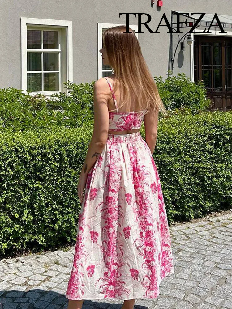 TRAFZA Summer Suits For Women\'s 2023 Pink Print Sleeveless Backless Crop Top+Printed Drawstring A-Line Skirt Female Bohemian Set