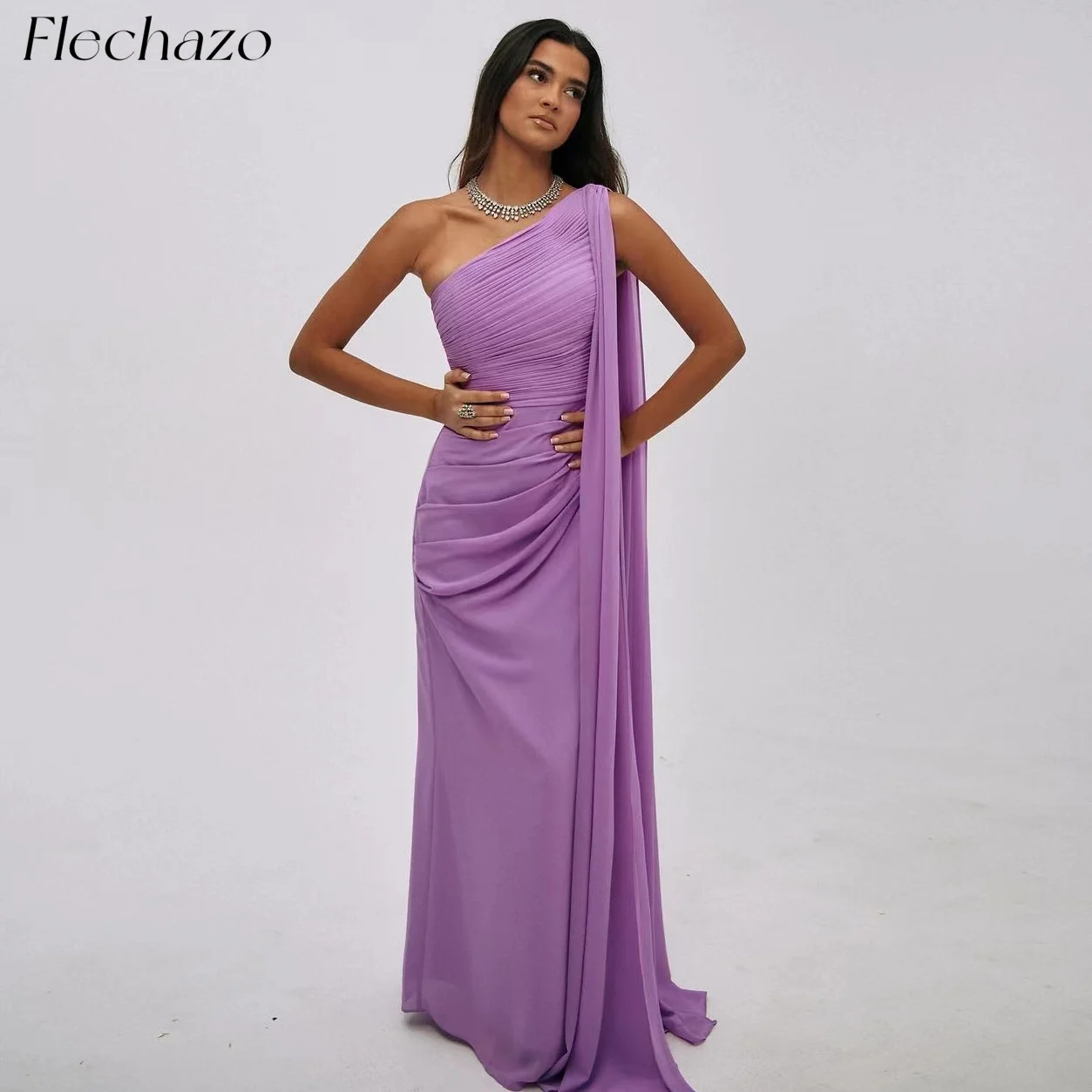 

Flechazo Lavender Evening Dresses One Shoulder Pleated Floor-Length Celebrity Formal Party Dress For Women 2024 فساتين السهرة