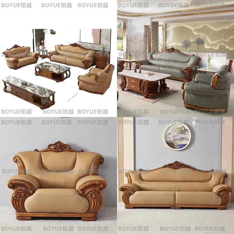 European Style Genuine Leather Sofa Set Modern Large Size Living Room Furniture Dark Wood Frame Villa Home Decor Couch