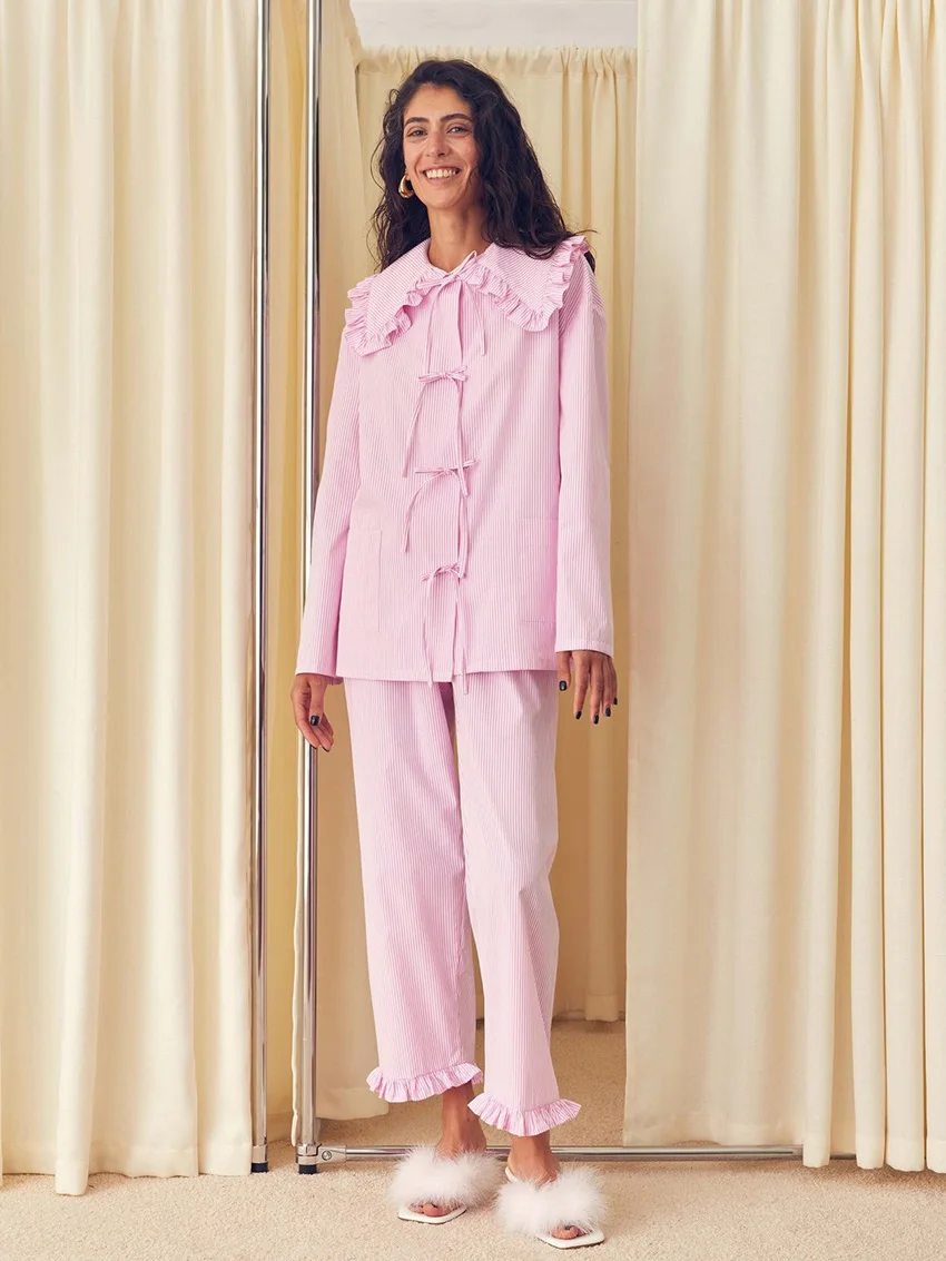 

Marthaiqiqi Striped Female Pajama Suit Lace Up Nightie Sexy Turn-Down Collar Sleepwear Long Sleeve Nightwear Pants Nightgown Set