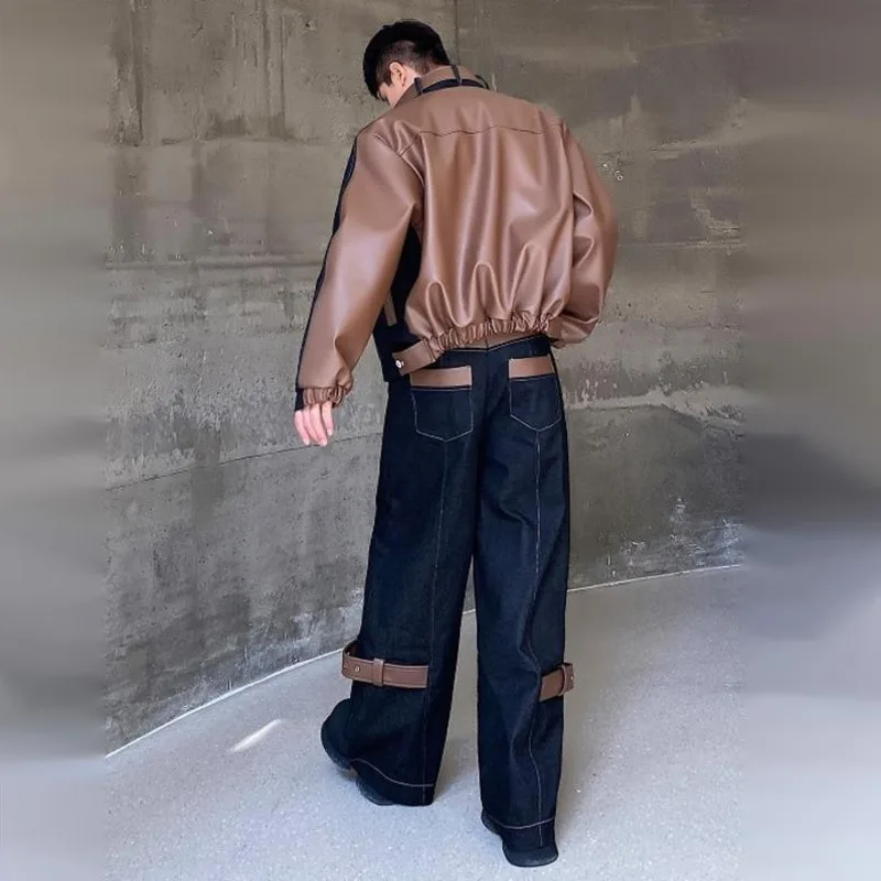 WVGA Autumn Winter New Men Thickened Denim PU Splicing Stand Collar Jacket Niche Chic Casual Wide Leg Jeans Two Piece Set W15849