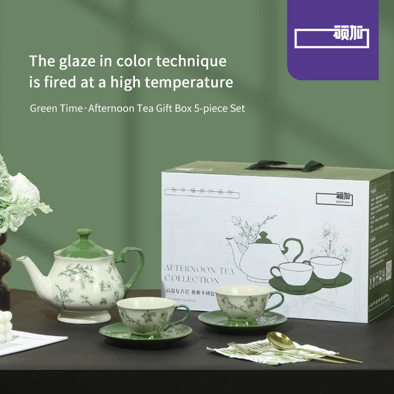 

Luxury Ceramic Teacup High-Temperature Fired Glaze Color 5 - piece Green Time Afternoon Tea Ceramic Gift Box Set