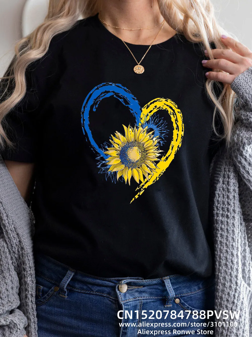 

Ladies and girls heartbeat short sleeved T-shirt, blue and yellow printed T-shirt, Harajuku women's clothing