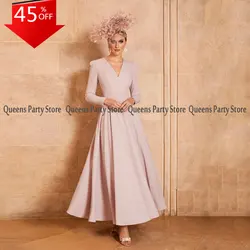 Light Pink Mother of The Bride Dress Elegant V Neck Long Sleeves Simple Jersey A Line Wedding Party Dresses Women Guest Gown