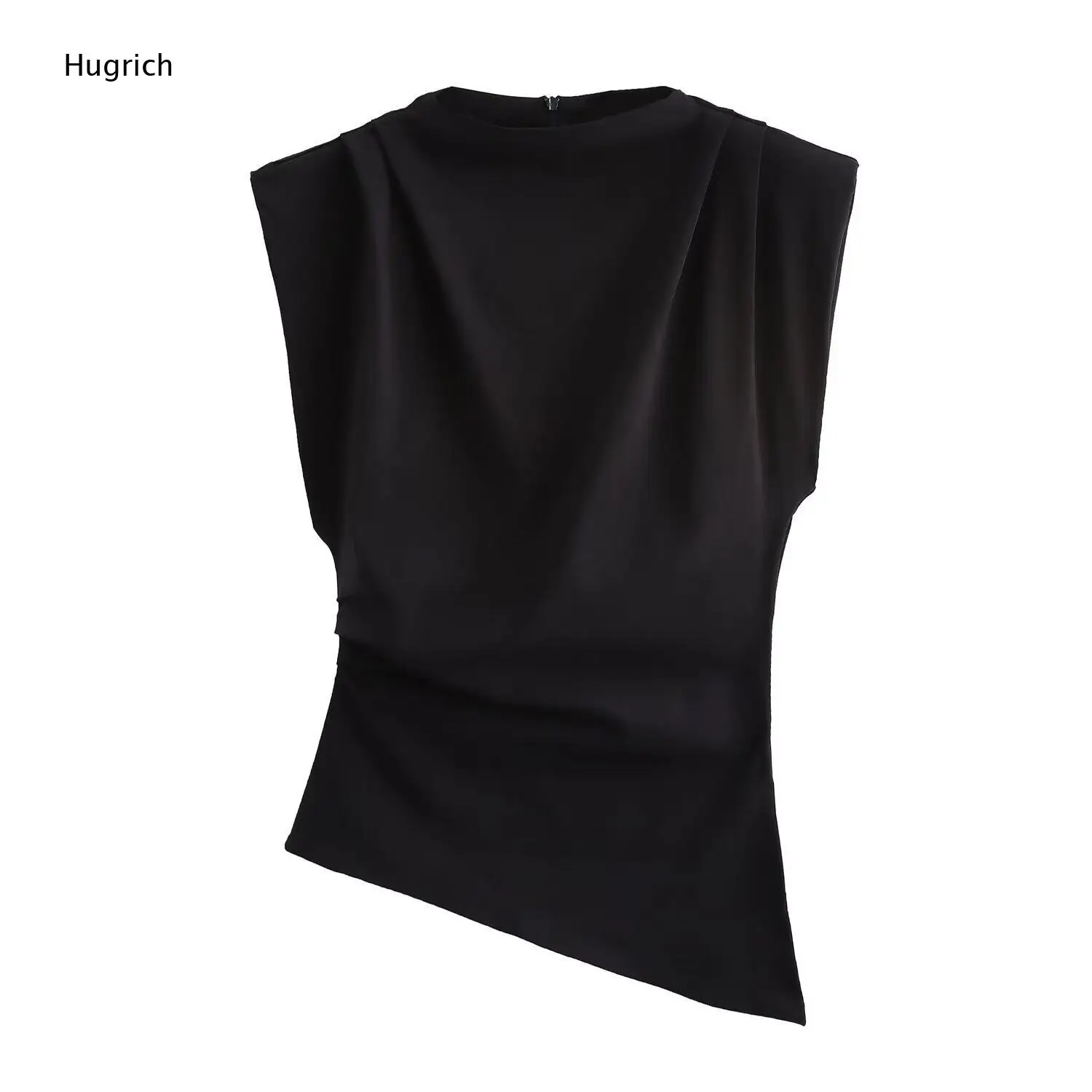 Round Neck Cap Sleeve Ruched Side Top Irregular Hem Slim Fit Back Zip Blouse Multi Color for Women Office Outfit
