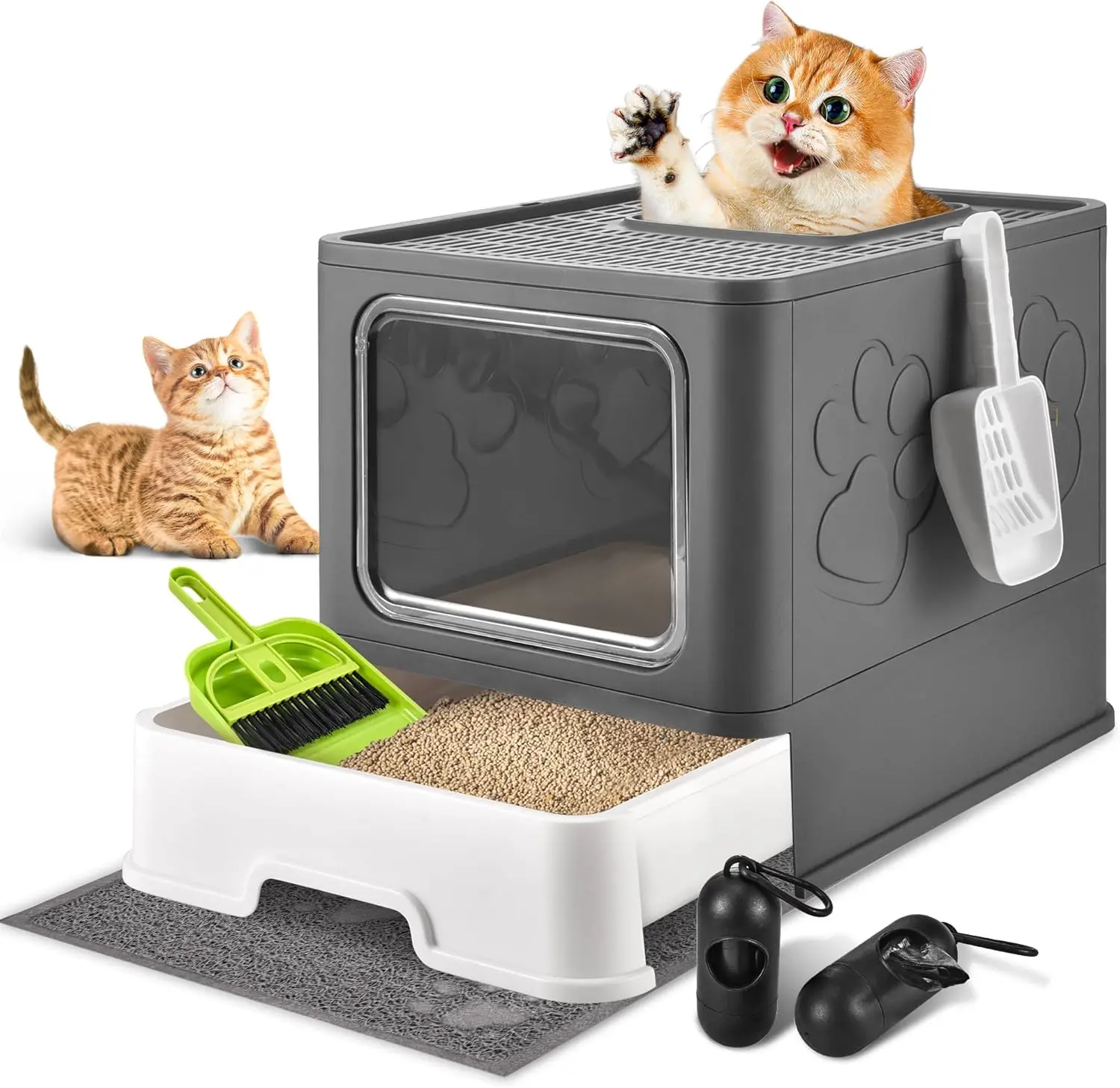 Cat Box with Litter Mat and Scoop, Large Foldable Litter Box with Lids, Free in& Out Covered Kitty Box