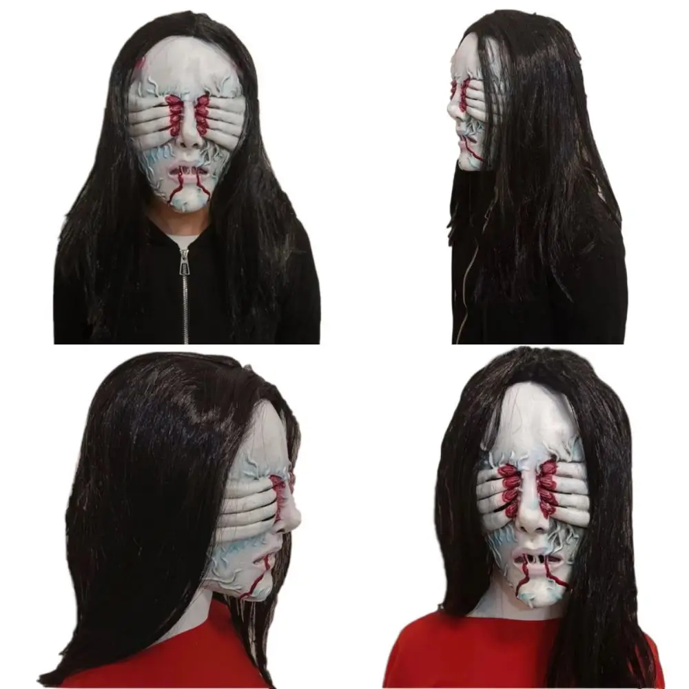 

Scary Halloween Mask Full Face Mask Latex Headgear Wig Ghost Blindfold Mask Creativity Realistic Long Hair Demon Mask Gift