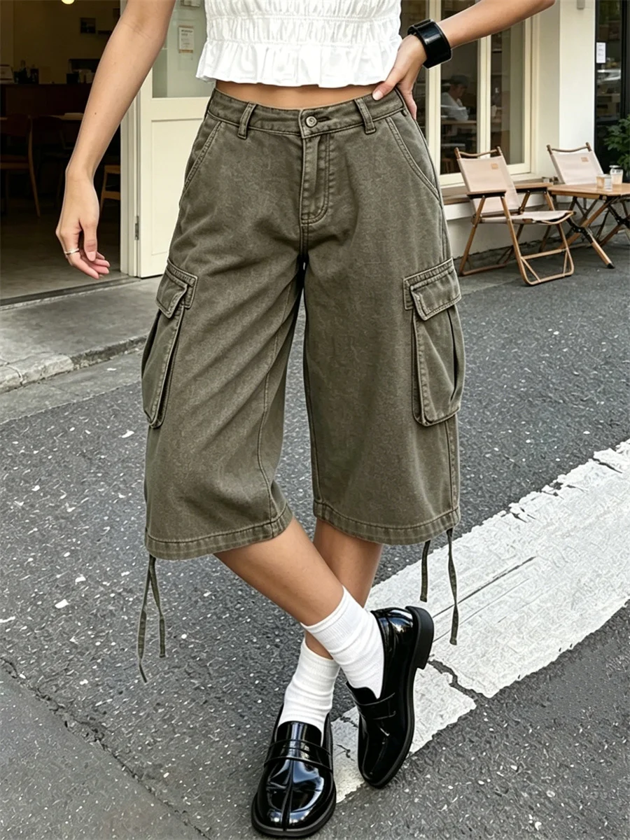 Summer Women Y2K Retro Cargo Loose Fit Denim Capris Solid Color/Camouflage Wide Leg Cargo Pants Knee Length Jeans Streetwear