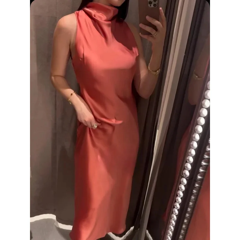 

Women's Elegant Satin Midi Dress Sleeveless round Neck Summer 2025 Fashion Festival Dinner Date Holiday Dress