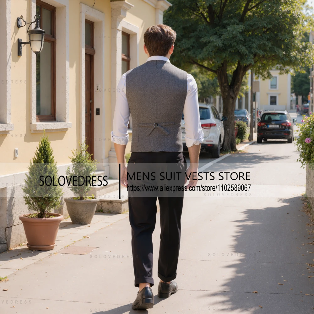 Men's Vest V Neck Herringbone Waistcoat Single Breasted Slim Fit Wedding Men's Vest For Jacket
