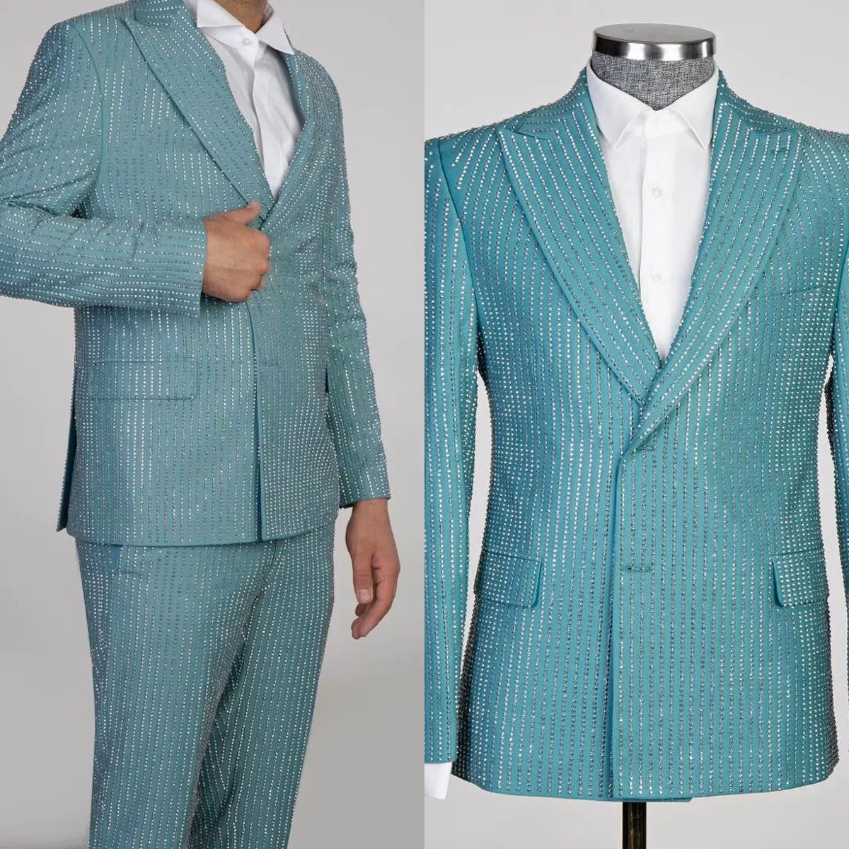 Fashion Wedding Tuxedos Beaded 2 Piece Set Jacket Pants Plus Size Suit Peaked Lapel Single Breasted Evening Blazers Customized
