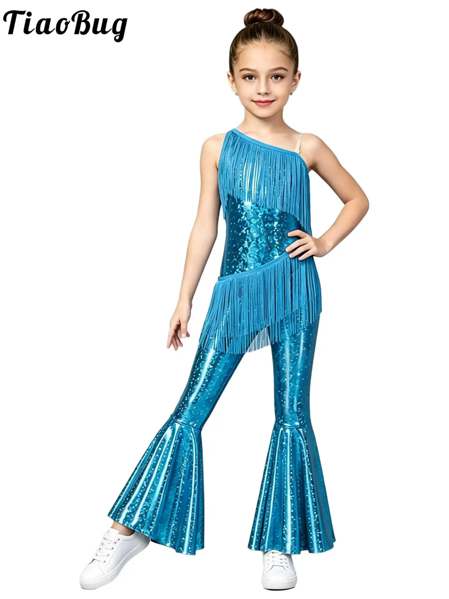 Kids Girls Metallic Jazz Dance Jumpsuit One Shoulder Sequin Tassels Bell-bottom Bodysuit Disco Hip Hop Party Performance Costume