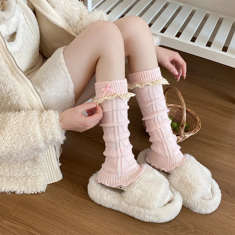 Lolita Girls Lace Ruffles Leg Warmers Women Cute Bow Long Stockings Ballet Style Knitted Foot Cover Sweet Girls Socks Leg Warmer