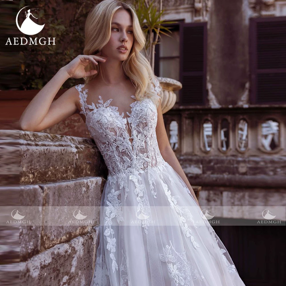 Aedmgh A-Line Vintage Wedding Dresses O-Neck Sleeveless Vestido De Novia Appliques Illusion Backless Custom Made Bridal Gown