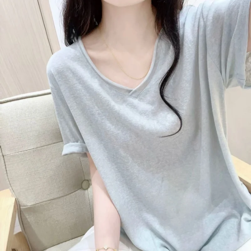 Summer New Ice Silk Snowflake Cotton V-Neck Short Sleeve T-Shirt Women's Loose plus Size Slimming Meat Covering Top
