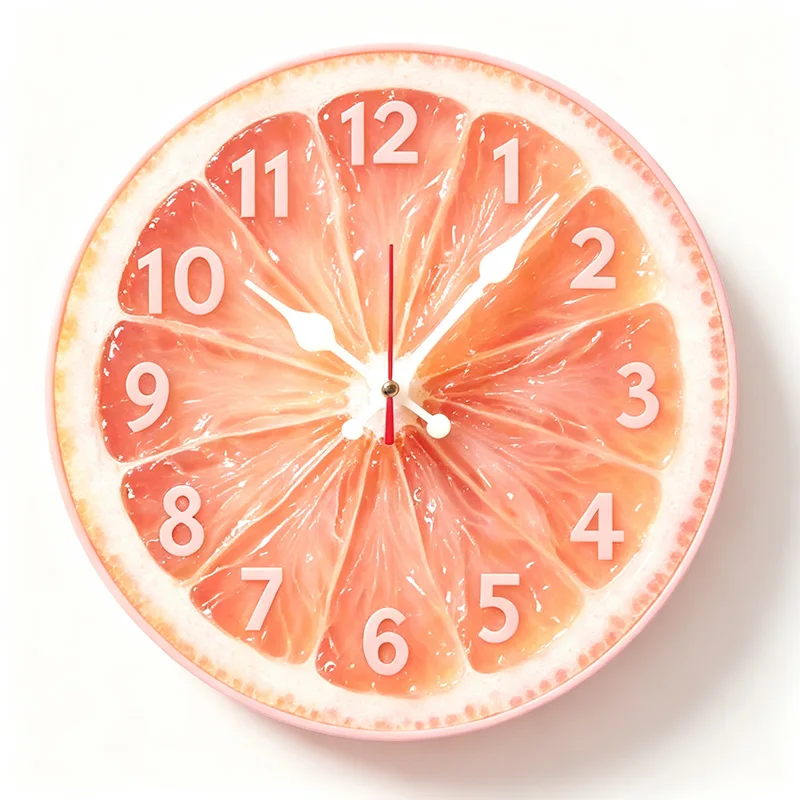 Pink Grapefruit Slice Round Wall Clock, Creative Fruit Themed Silent Non Ticking Quartz Wall Watch, Fresh Citrus Art Decor Clock for Living Room Kitchen Home Decoration