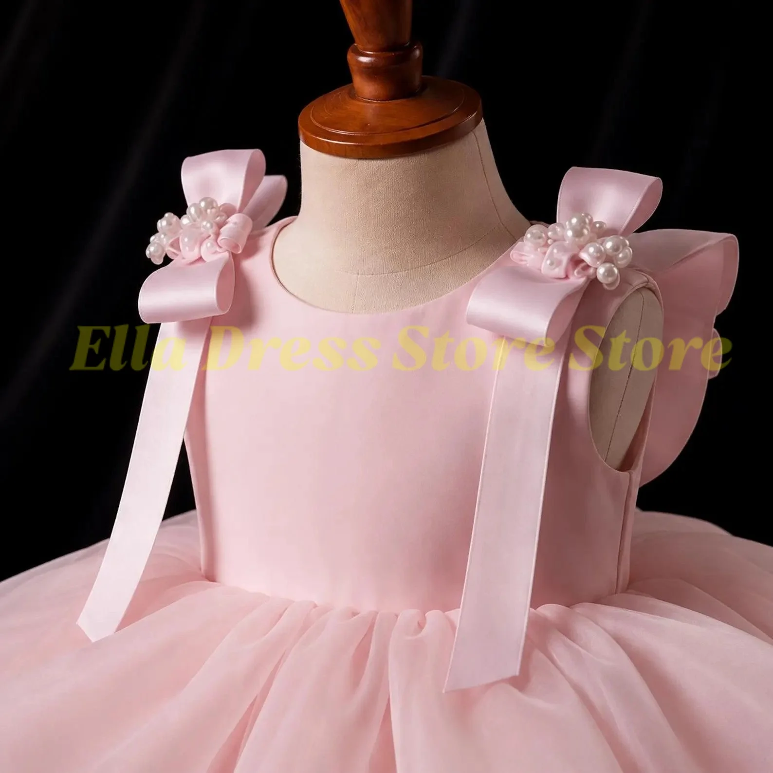 Rosa Blumenmädchenkleid für Hochzeiten, bauschig, ärmellos, aus Tüll mit Schleife, Prinzessinnenkleid für Kindergeburtstage, Erstkommunion, Ballkleid – Detail 2