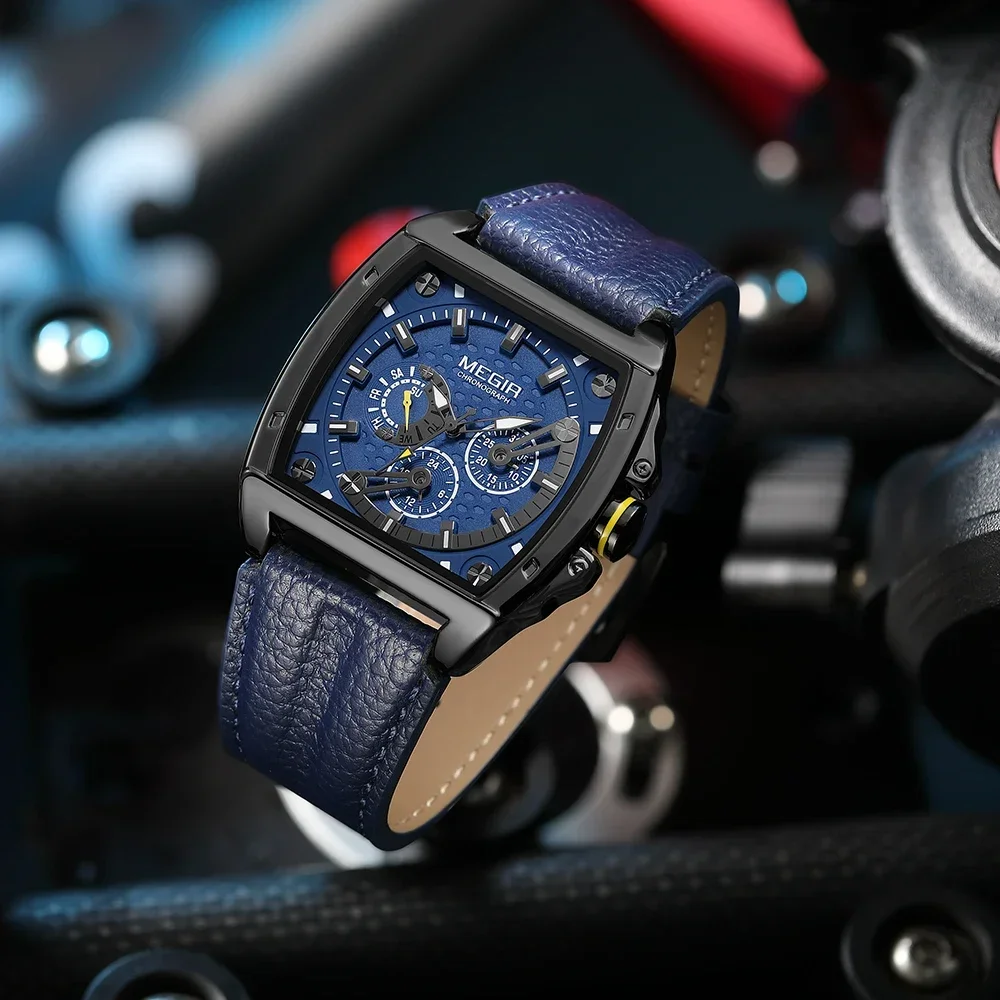MEGIR Luxury Watch For Men Quartz Sport Waterproof Chronograph Man Watches Military Fashion Leather Strap Wristwatch Male Clock image 4