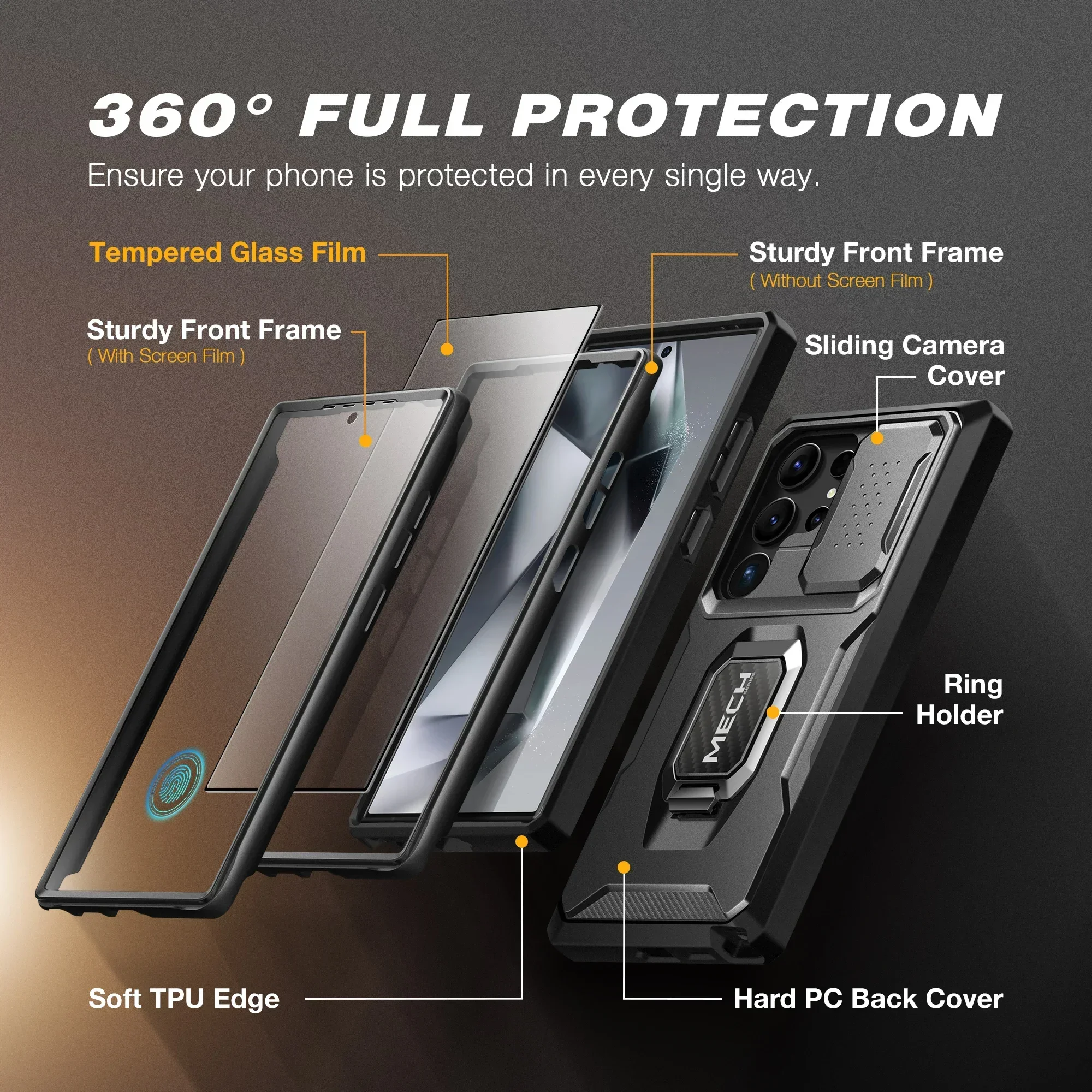 For Samsung Galaxy S24 Ultra Case Full-Body Shockproof with Ring Holder Built-in Front Frame Screen Protector Slide Camera cover
