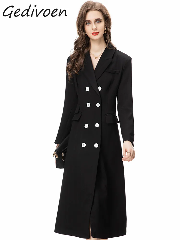 

Gedivoen Winter Fashion Designer Black Vintage Trench Coat Women's Lapel Double Breasted Pocket High Waist Slim Long Trench Coat
