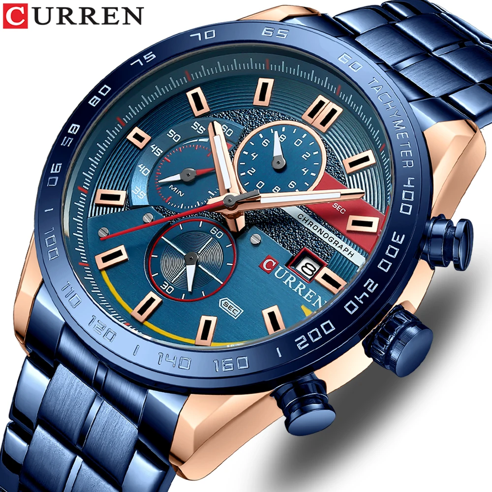 

CURREN 8410, брендовые мужские кварцевые наручные часы, хронограф, календарь, водостойкий стальной ремешок, светящиеся спортивные модные часы для мужчин