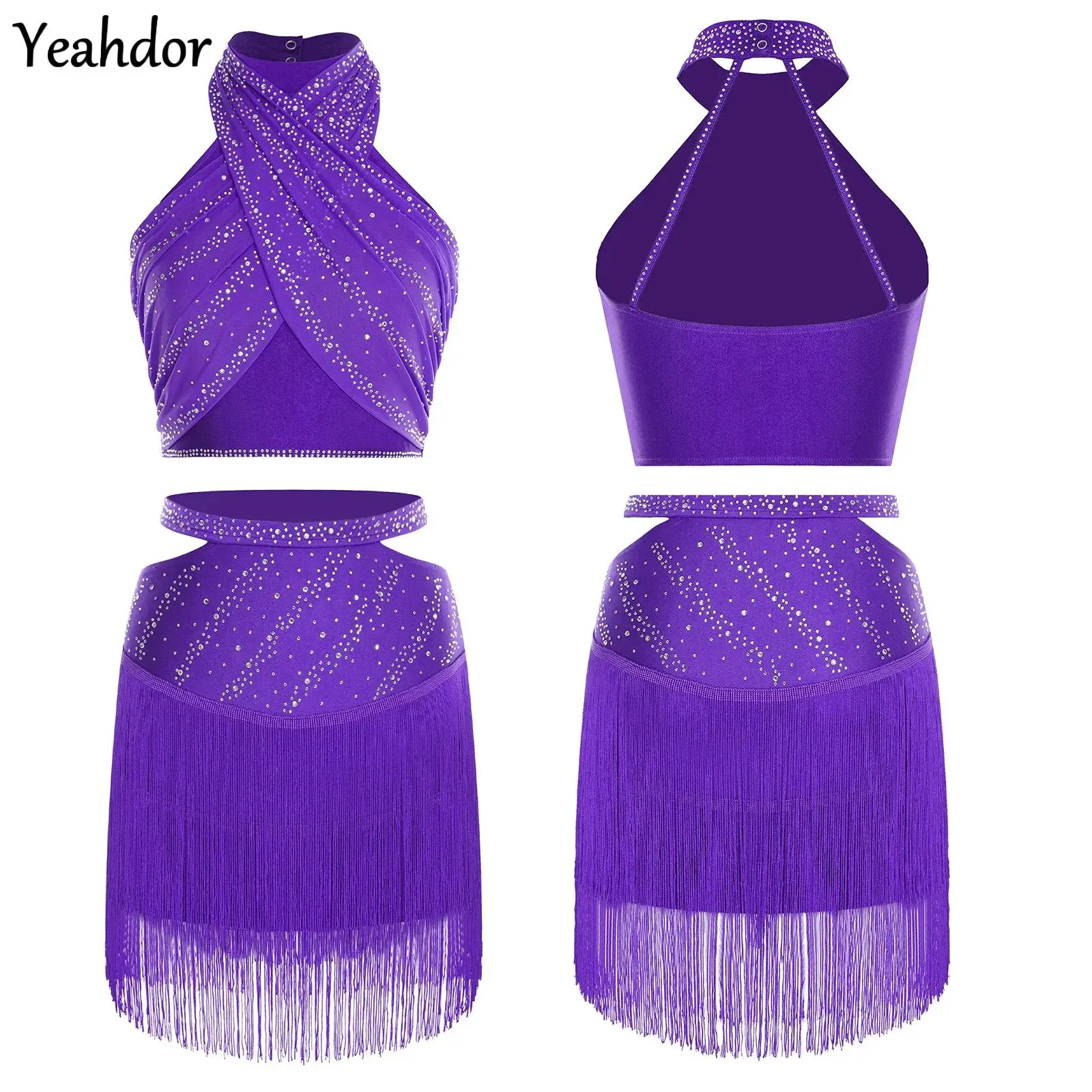 

Women Rhinestone Latin Dance Costume Halter Sleeveless Backless Crop Top with Tassels Skirt Tango Cha-Cha Salsa Skating Clothes