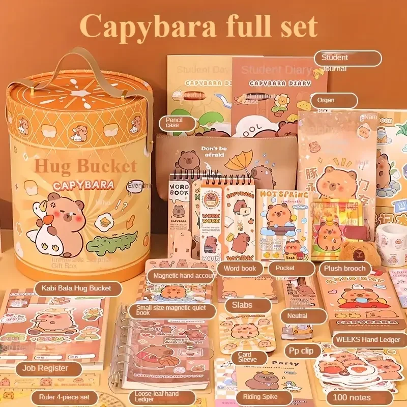 Large Capacity Gift Box Cute Diary Notebook Ruler Cute Capybara Stationery Set Kit Abundant Supplies for Students School Gift