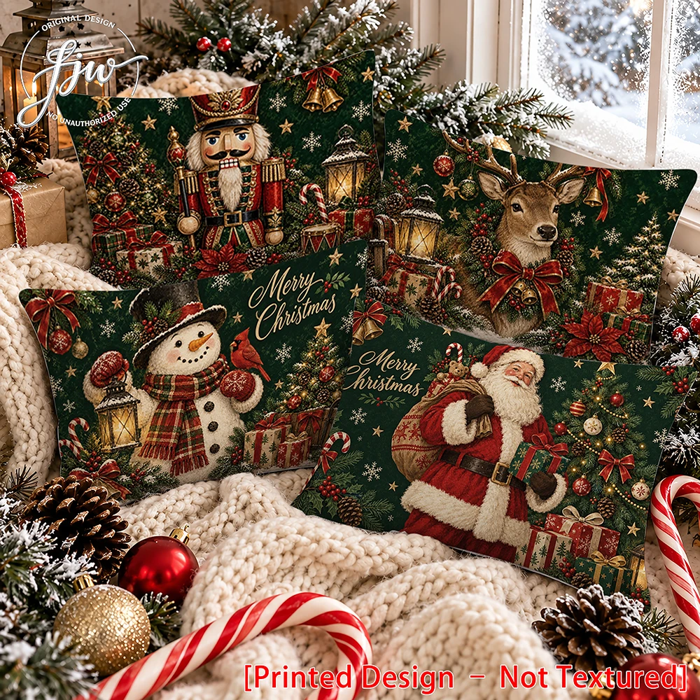 4pc Vintage Christmas Throw Pillow Covers, Santa Snowman Nutcracker Reindeer Xmas Lumbar Pillow Cases for Sofa Couch