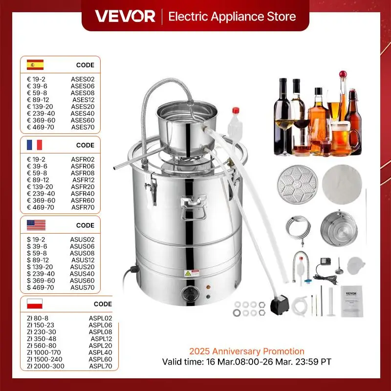 VEVOR 30/50L Stainless Steel Alcohol Distiller Alcohol Still Essential Oil Brewing DIY Whisky Wine Brandy Distillery Home Use