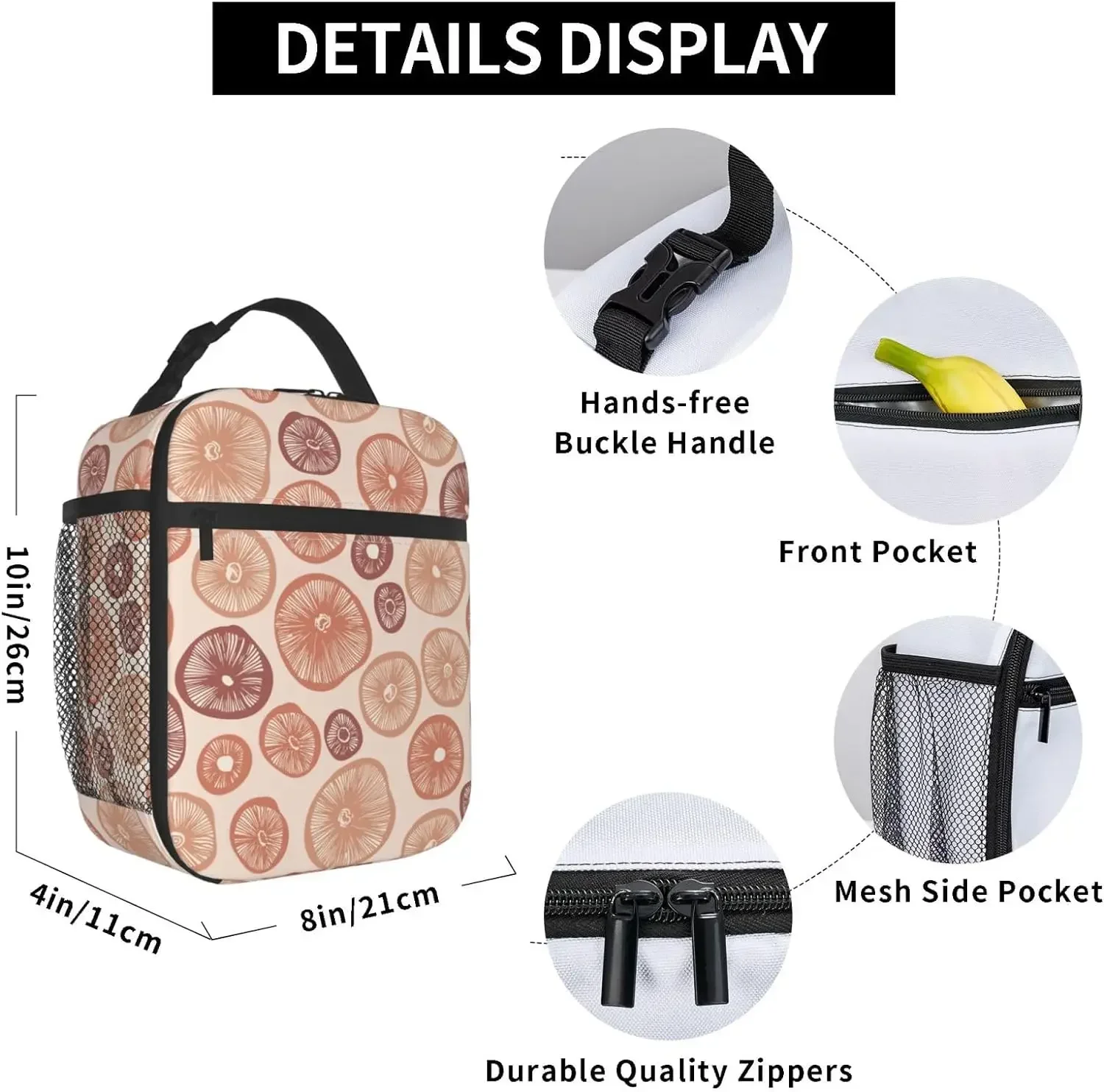 Mushroom Lunch Bag Insulated Reusable Lunch Box Portable Cooler Lunch Tote Bag witth Side Pocket For Women Men Work Picnic