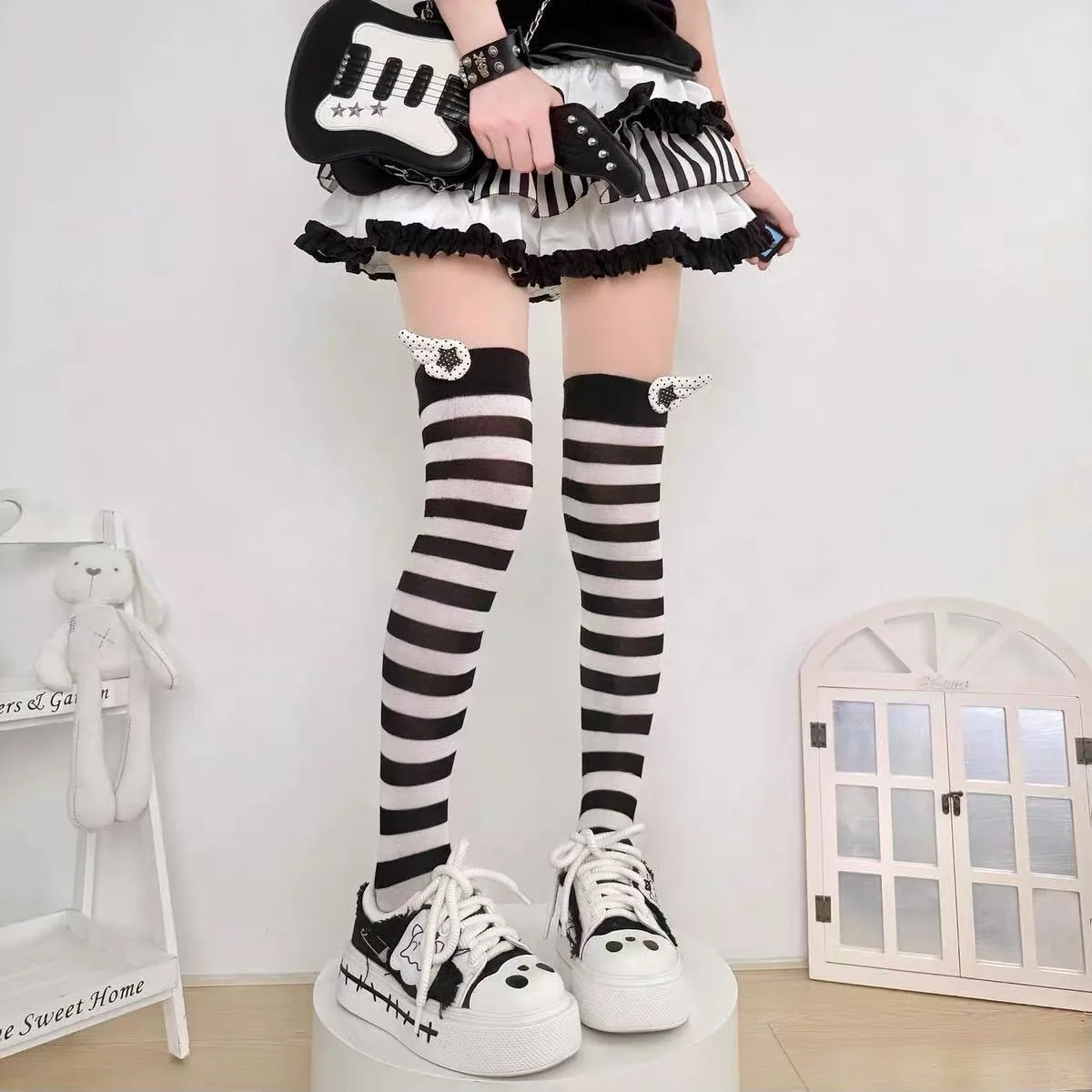 thigh highs stripe harajuku women's socks wing long socks JK Japanese style tights for women women's compression stockings