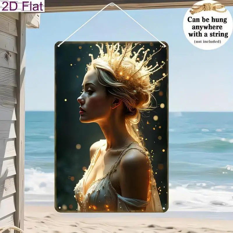 Golden Crown Goddess Tin Sign - Iron Wall Art (Sparkle Design), Hangable for Beach Villas/Room, Fantasy Royal Home Decor