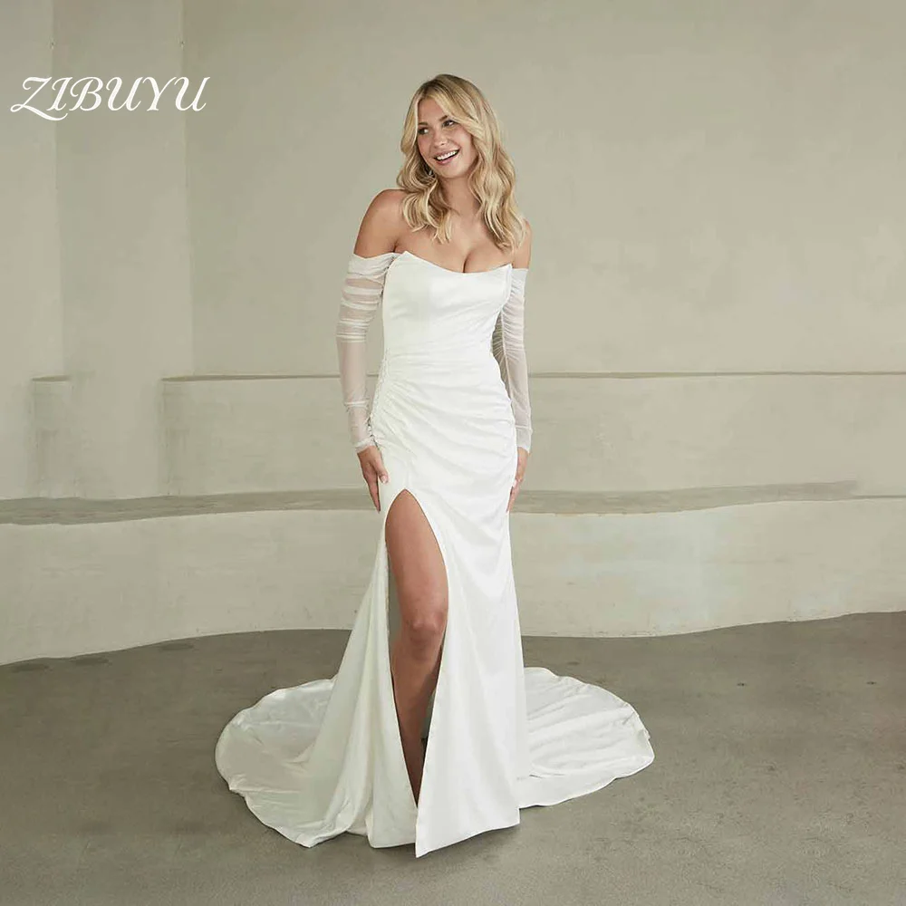 

ZIBUYU Customized Elegant Wedding Dress Mermaid 2026 Off The Shoulder Strapless Ruched Satin High Sli Long Sleeves Bridal Gowns
