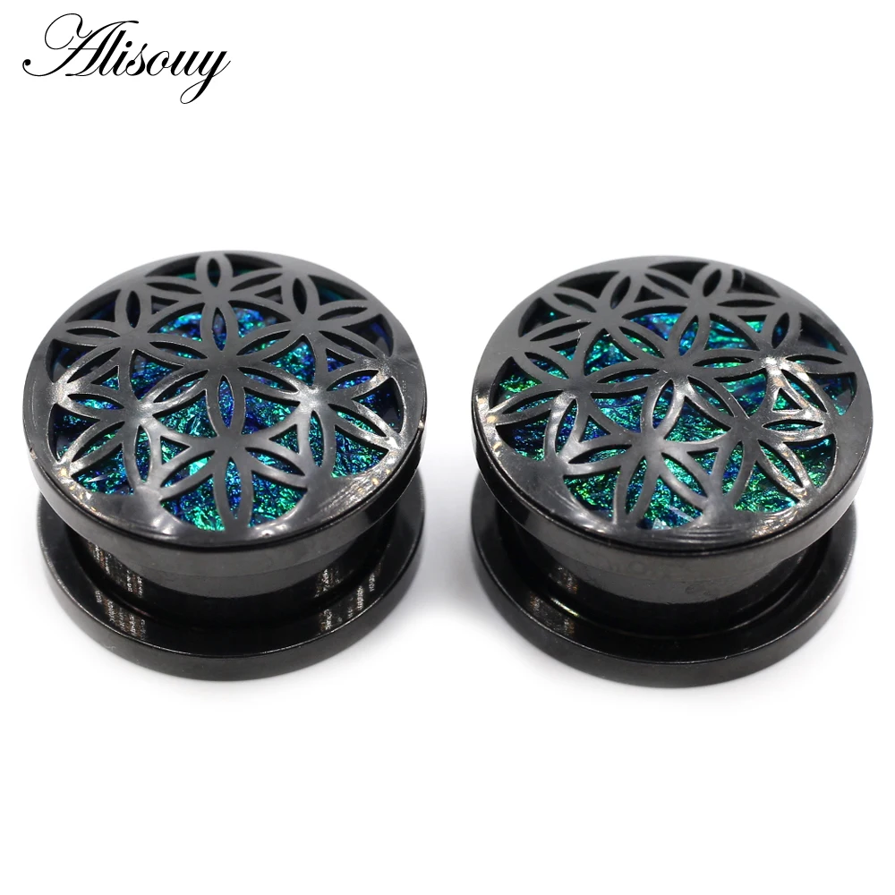 Alisouy 2pcs Retro Stainless Steel Opal Hollow Flower Ear Tunnels Plugs Expander Stretcher Gauges Earrings Body Piercing Jewelry