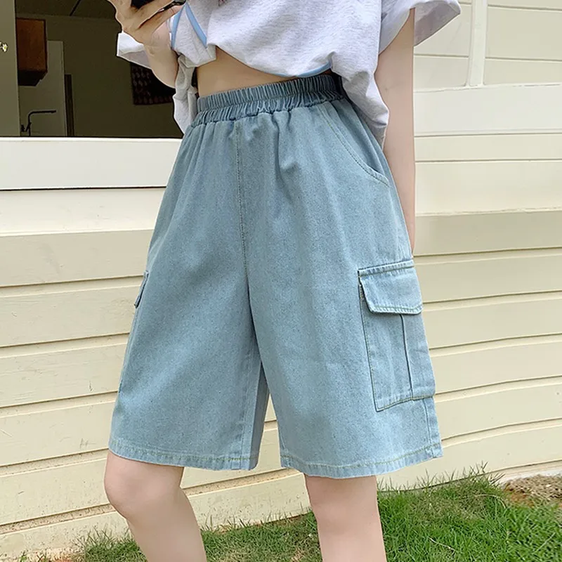 High Waist Knee Length Casual Jeans Women New 2024 Summer Korean Style Double Pockets Basics Female Denim Short Pants W1714