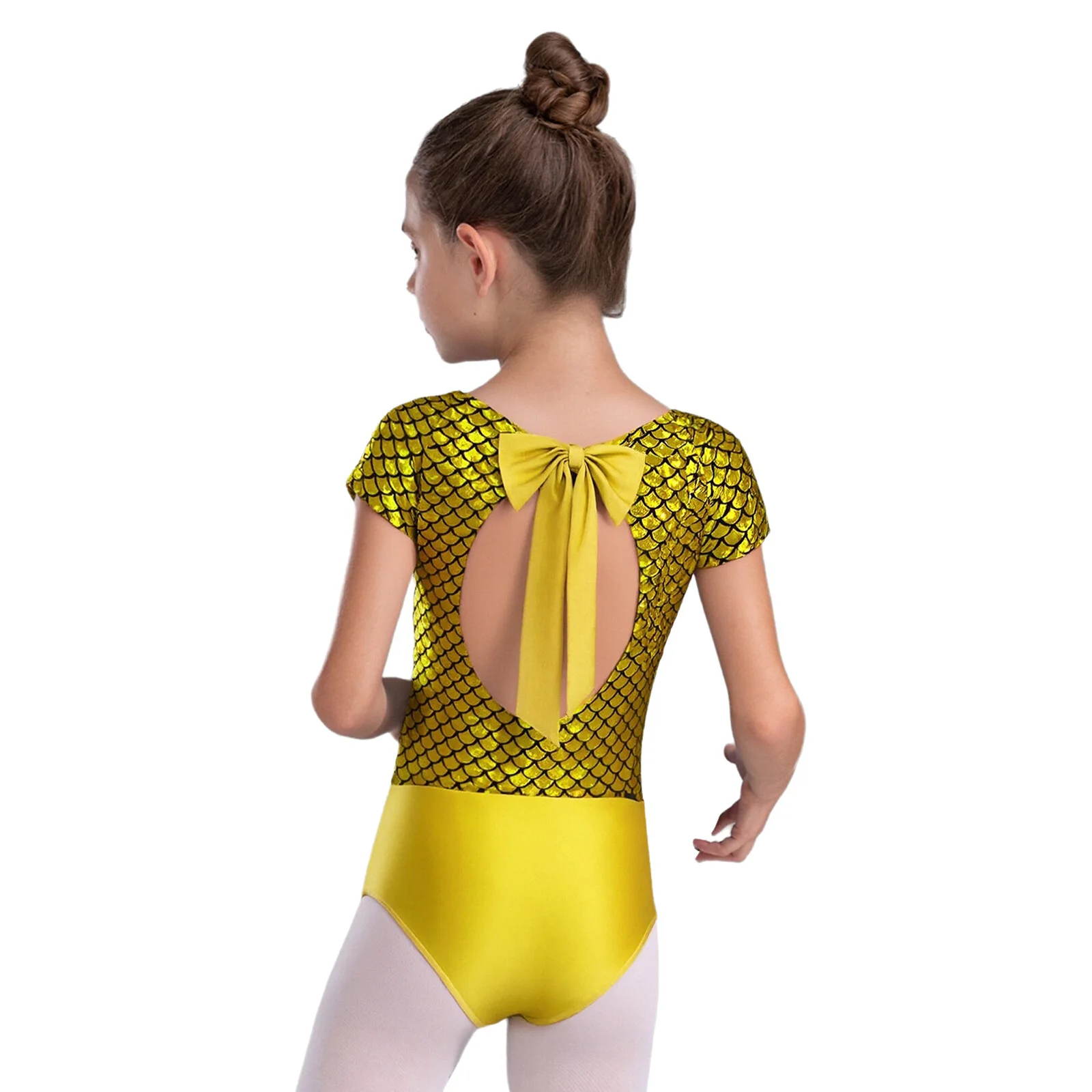 Nouvelles filles nœud papillon découpe dos gymnastique Ballet Unitard patinage artistique danse fête Costume écailles de poisson imprimé justaucorps à manches courtes