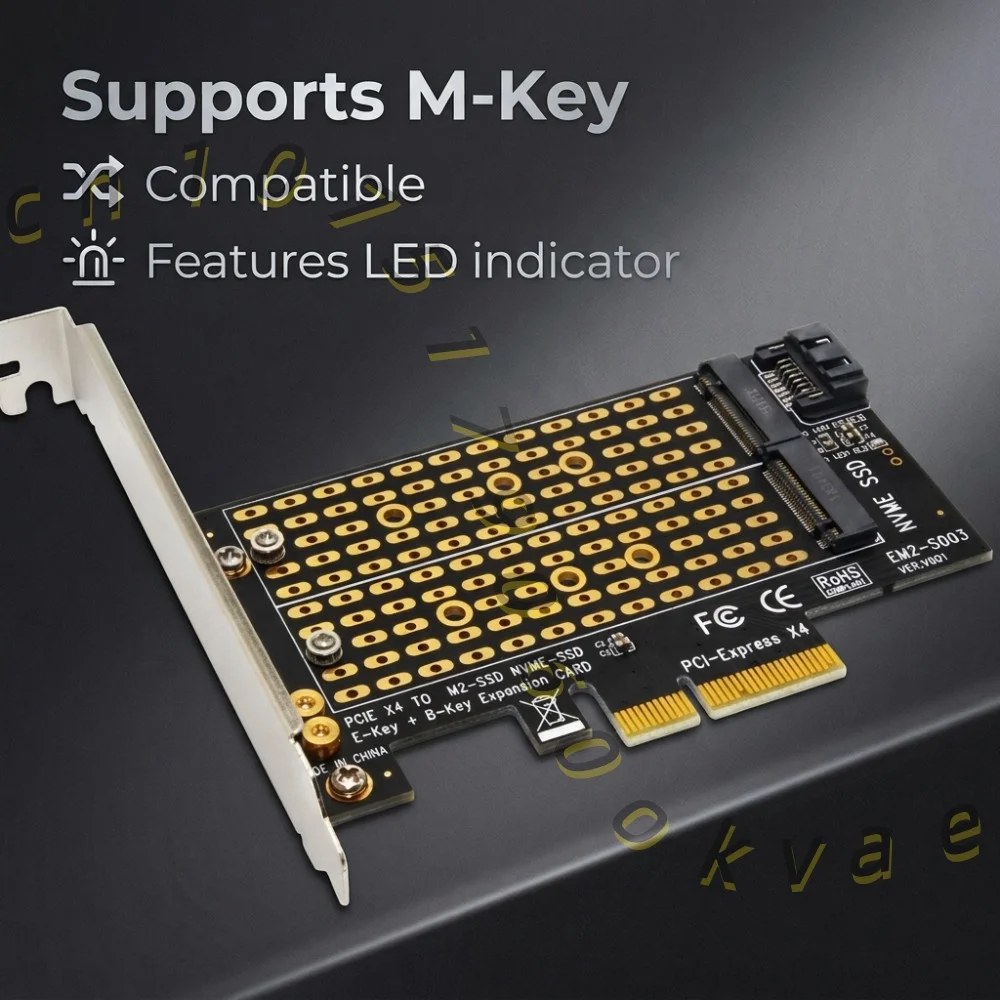 M.2 NVMe SATA Adapter Card PCIe X4 Converter, M Key B Key Dual Protocol SSD Card , with LED Indicator & Half Height Bracket