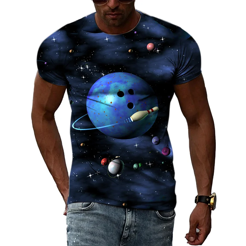 

Трендовая футболка с рисунком для боулинга, летняя модная спортивная футболка с круглым вырезом и коротким рукавом, повседневная спортивная футболка с 3D принтом, мужские уличные футболки большого размера, топ