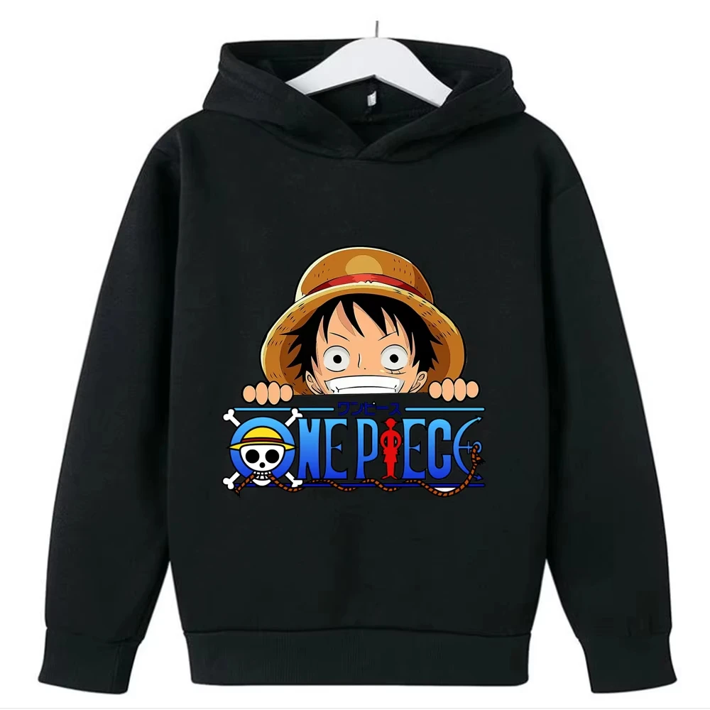 Anime One Piece Luffy Skull Logo Print Hoodie Kids Pullover Hooded Sweatshirt Autumn Streetwear Children Tops